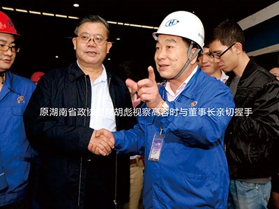 原湖南省政协主席胡彪视察高容时与董事长亲切握手